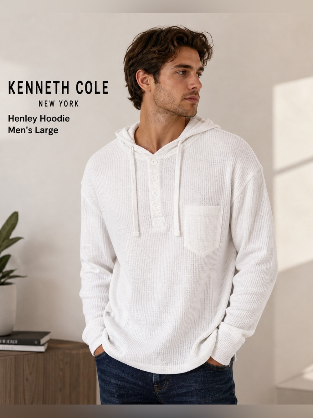 Kenneth Cole New York Men's White Henley Hoodie Waffle Knit Large